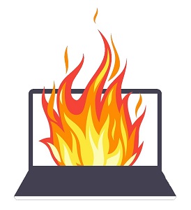 laptop with flames shooting out of the screen