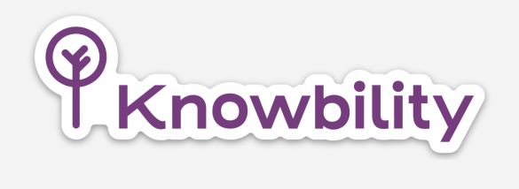 Knowbility laprop sticker with purple letters and tree logo