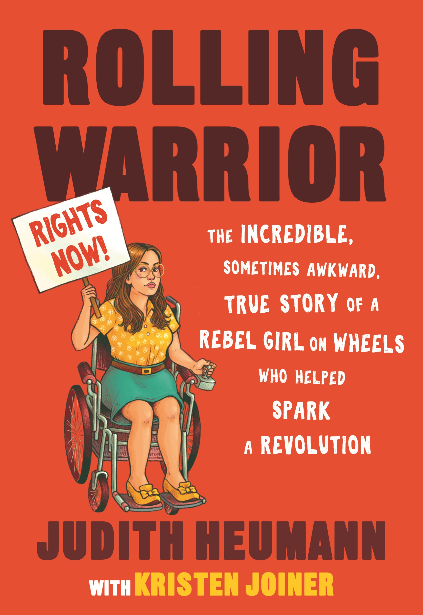 Cover of Rolling Warrior - a cartoon drawing of Judith Heumann as a young woman in a wheelchair