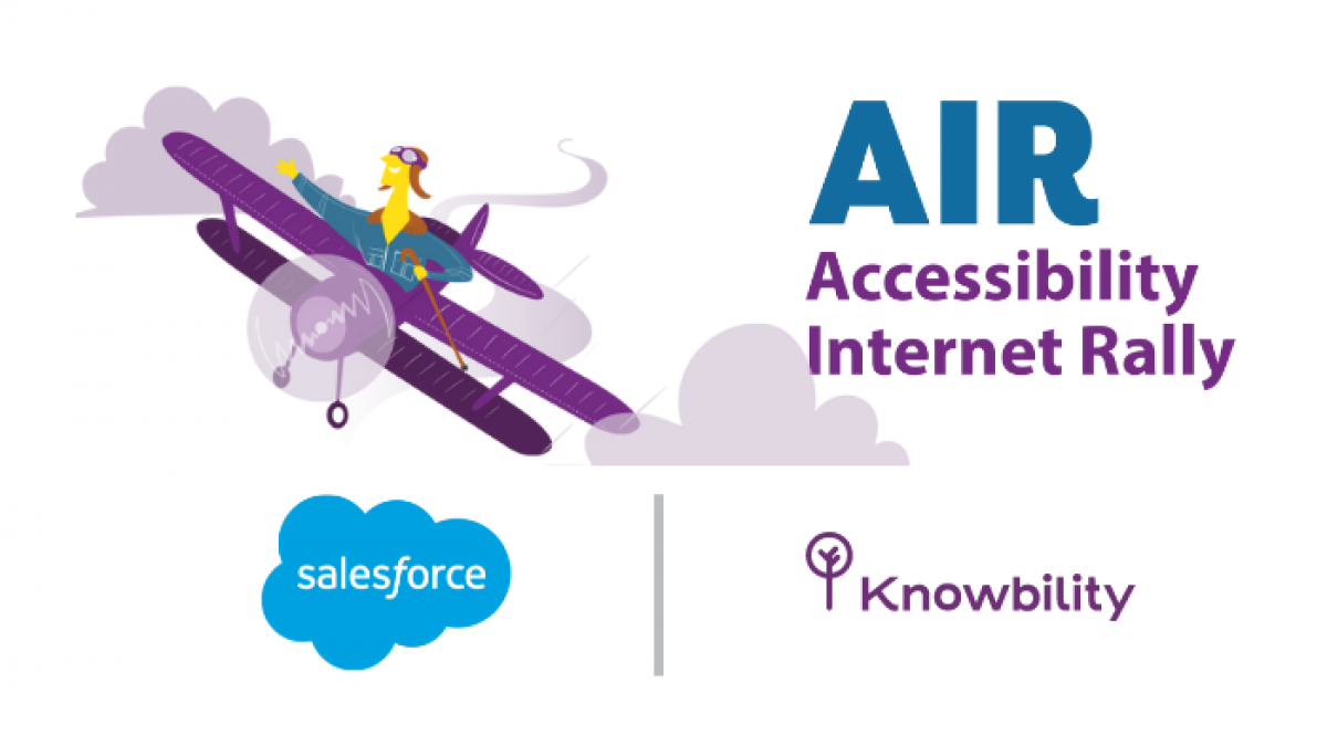 AIR logo. A pilot holding a cane flying a purple prop plane. Accessibility Internet Rally Salesfore Knowbility