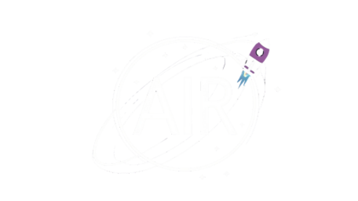 AIR Logo: Small spaceship rocketing around planet AIR showing fuel trails and stars in the background.