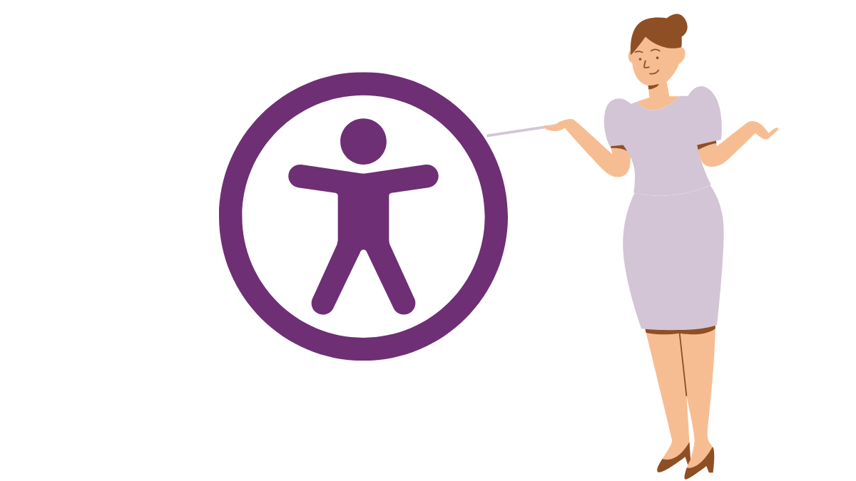 Female cartoon teacher points to a symbol for accessibility - a stick figure human with a circle around it.