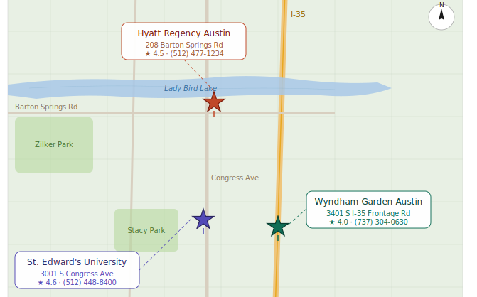 Aerial view of South Austin showing the distances between Hyatt Regency Austin, St. Edwards University, and Wyndham Garden Inn.