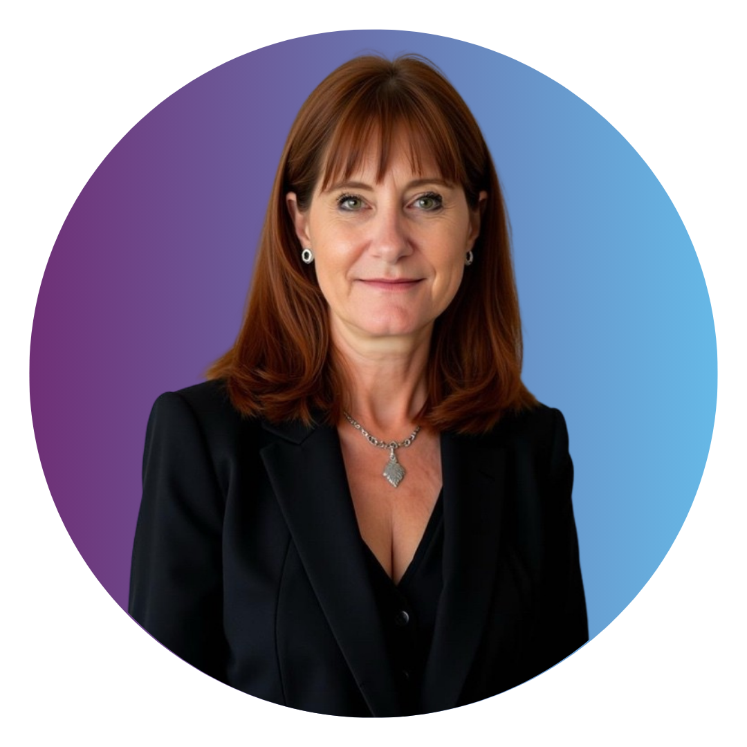 A smiling woman with shoulder length red hair wearing a black suit jacket.