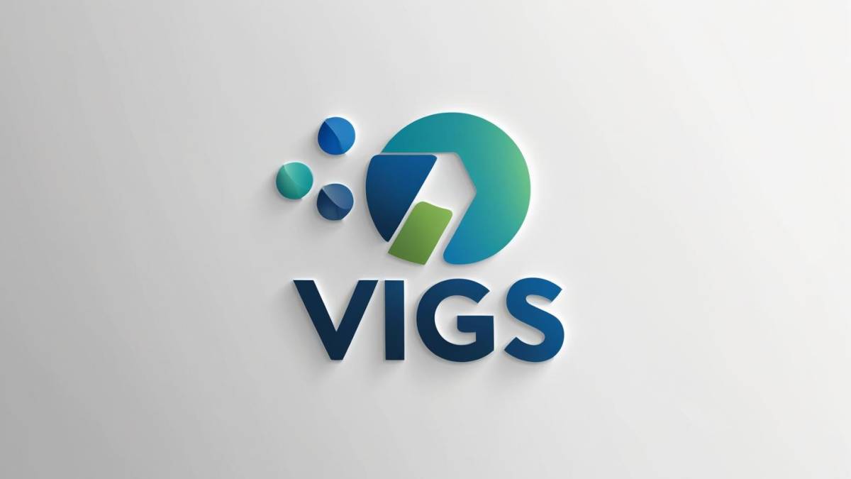 Logo: VIGS in deep blue below round circle with varying green to blue pieces, some parts not filled and 3 much smaller circles off to the side that look similar to pie charts.